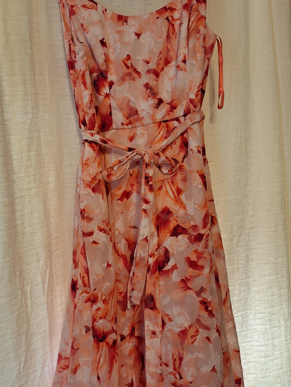 Carmen Marc Valvo Sleeveless Midi Dress in Pink and Coral Watercolor Print